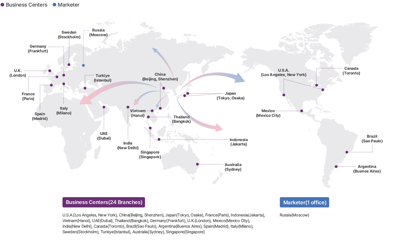 Business Centers(24 Branches) : U.S.A.(Los Angeles, New York), China(Beijing, Shenzhen), Japan(Tokyo, Osaka), France(Paris), Indonesia(Jakarta), Vietnam(Hanoi), UAE(Dubai), Thailand(Bangkok), Germany(Frankfurt), U.K.(London), Mexico(Mexico City), India(New Delhi), Canada(Toronto), Brazil(Sao Paulo), Argentina(Buenos Aires), Spain(Madrid), Italy(Milano), Sweden(Stockholm), Turkiye(Istanbul), Australia(Sydney), Singapore(Singapore) / Marketer(1 office) : Russia(Moscow)